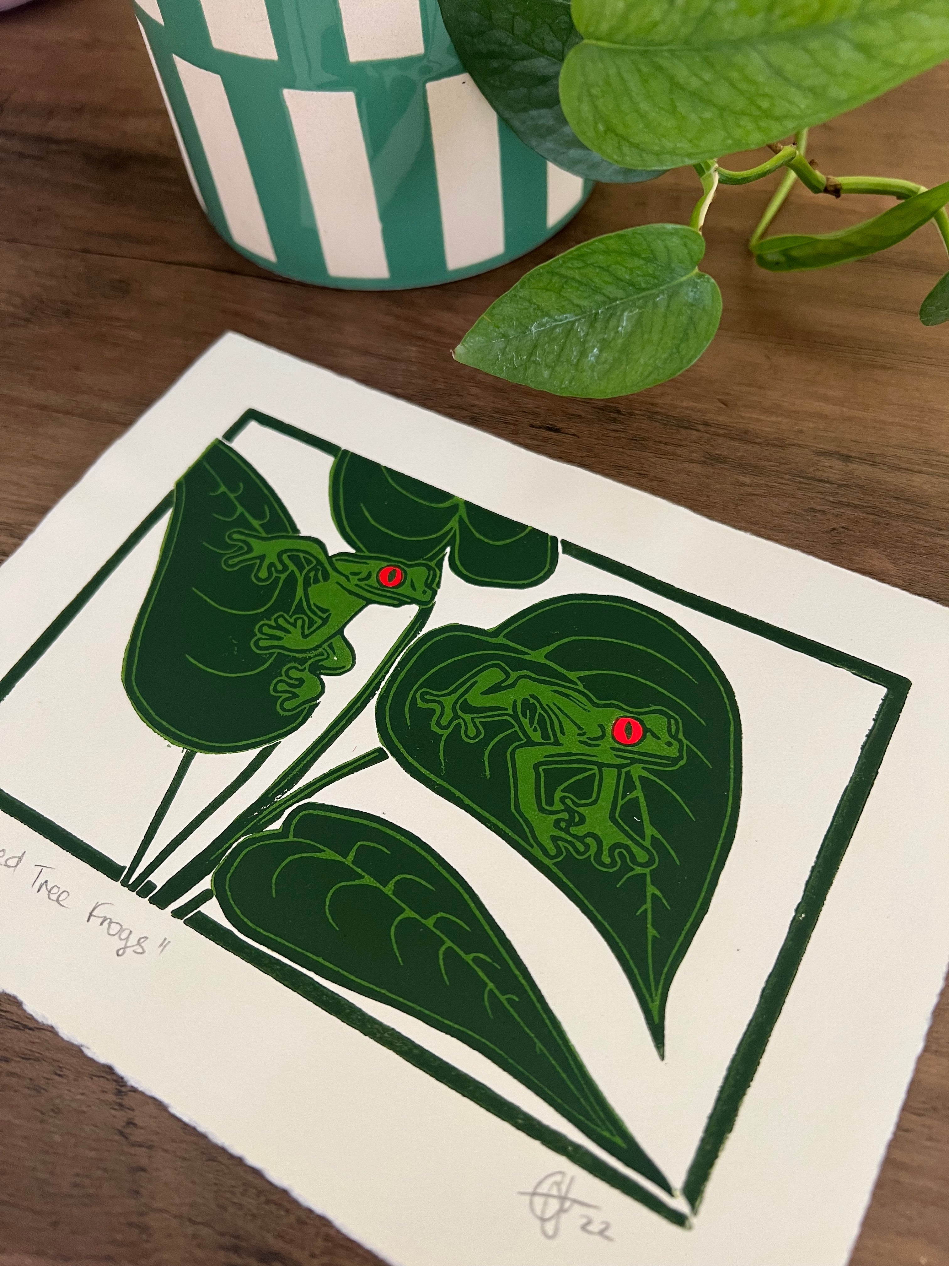 Red-Eyed Tree Frog Original Lino Print