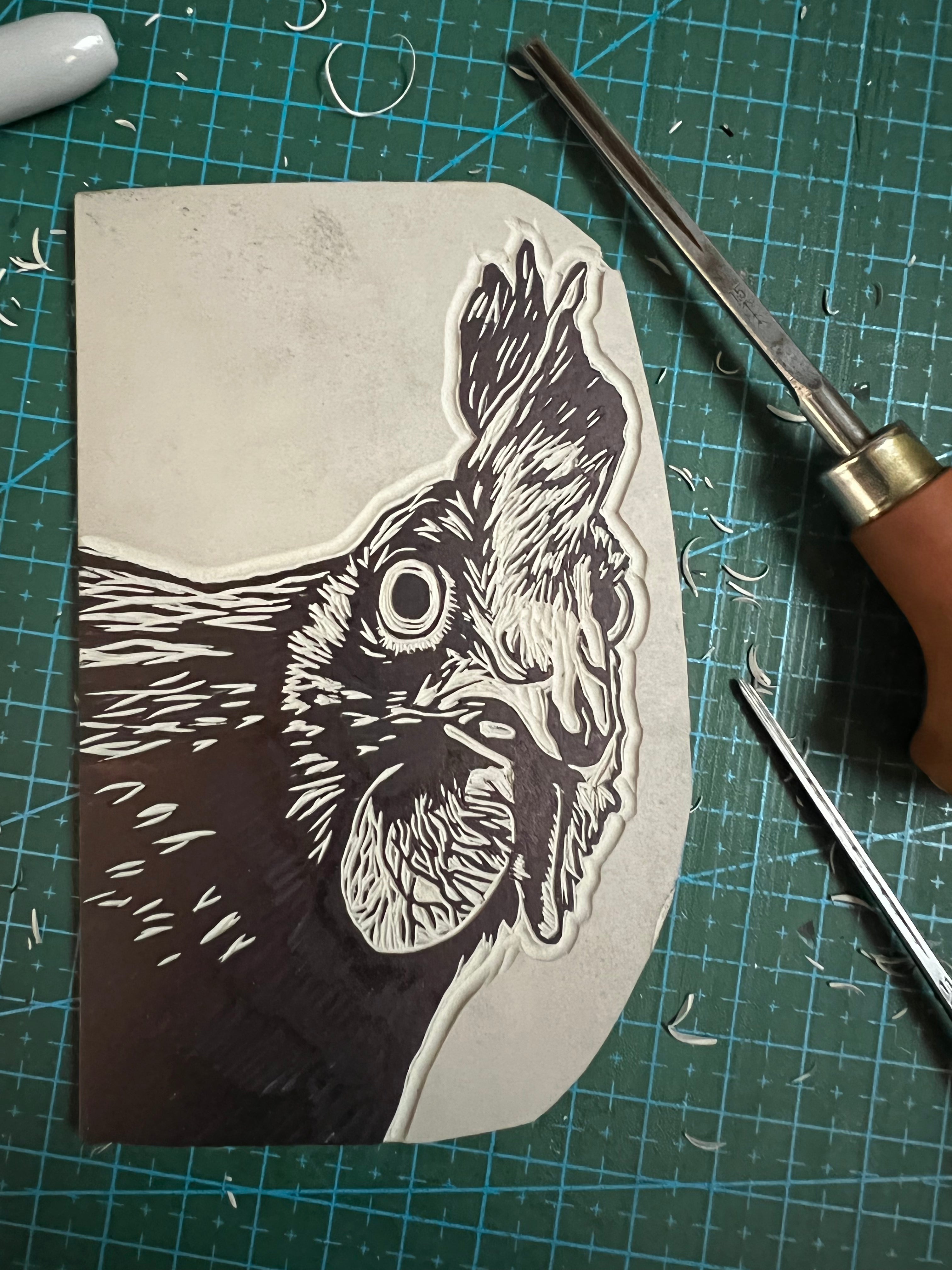 Curious Chicken Original Lino Print