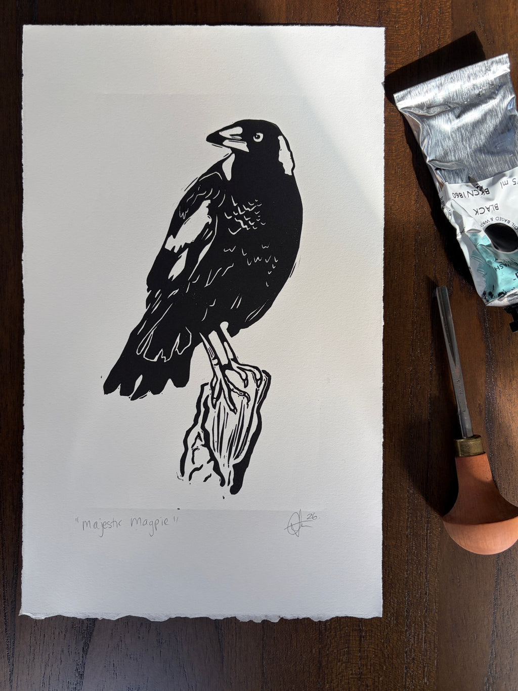 Majestic Magpie Original Lino Print