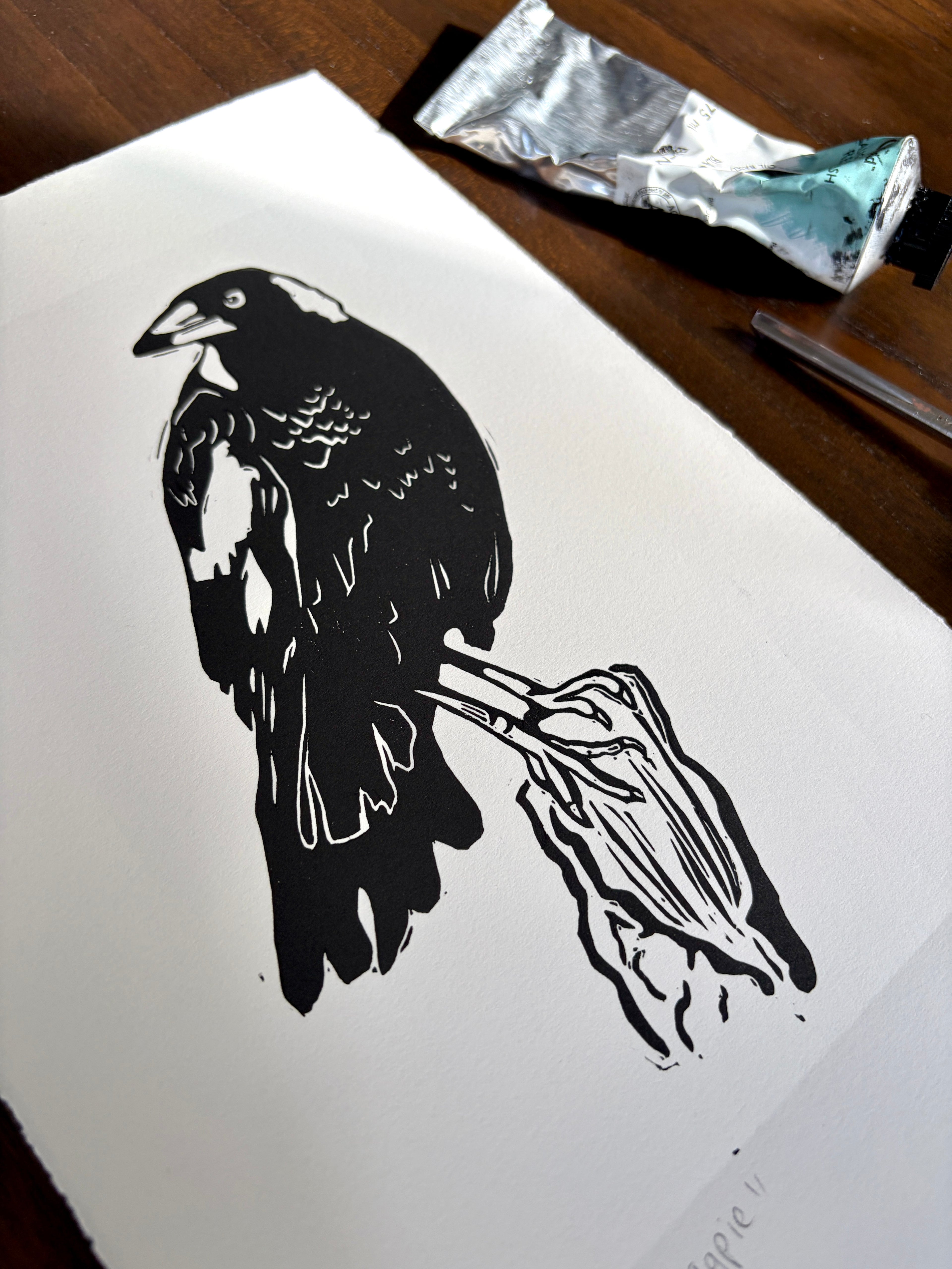 Majestic Magpie Original Lino Print