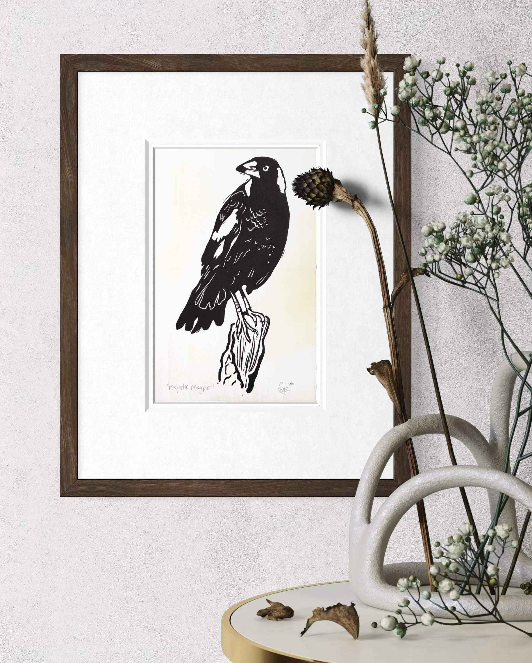 Majestic Magpie Original Lino Print