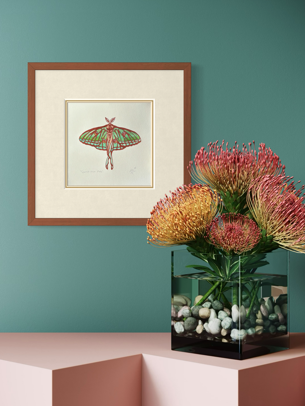 Spanish Moon Moth Original Watercolour & Lino Print