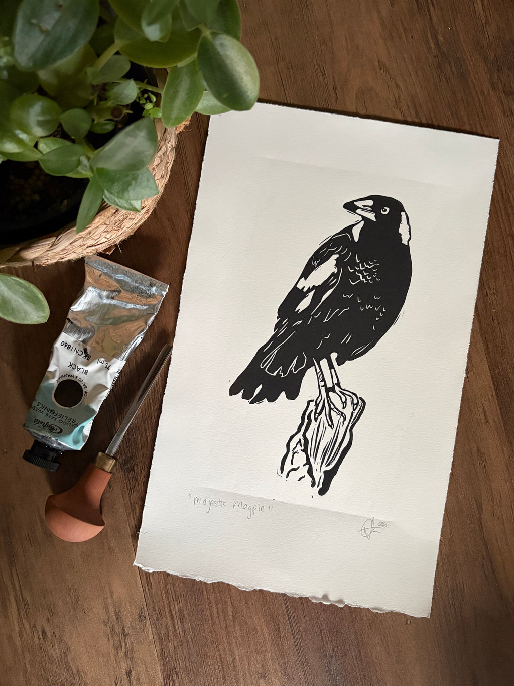 Majestic Magpie Original Lino Print