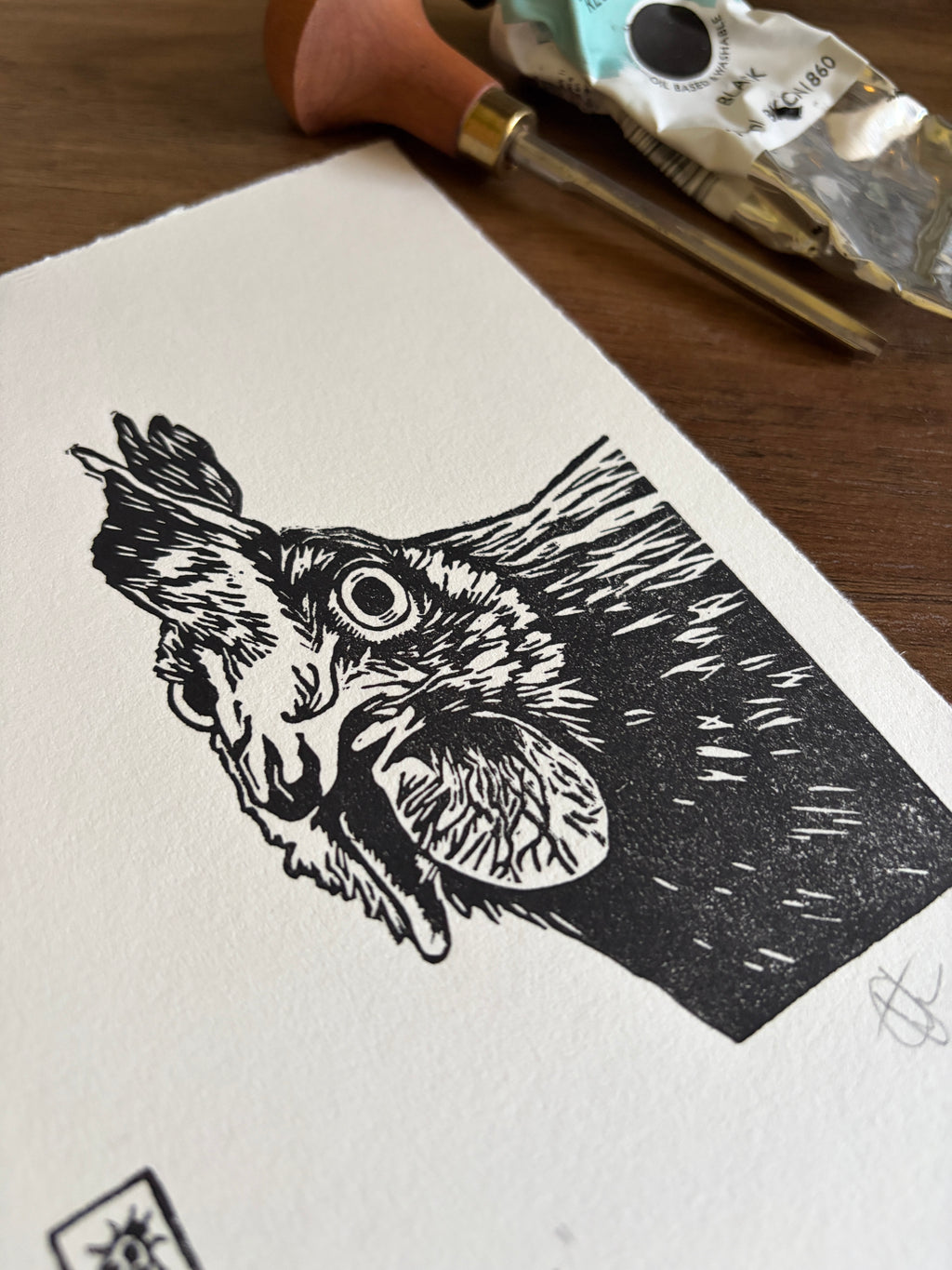 Curious Chicken Original Lino Print