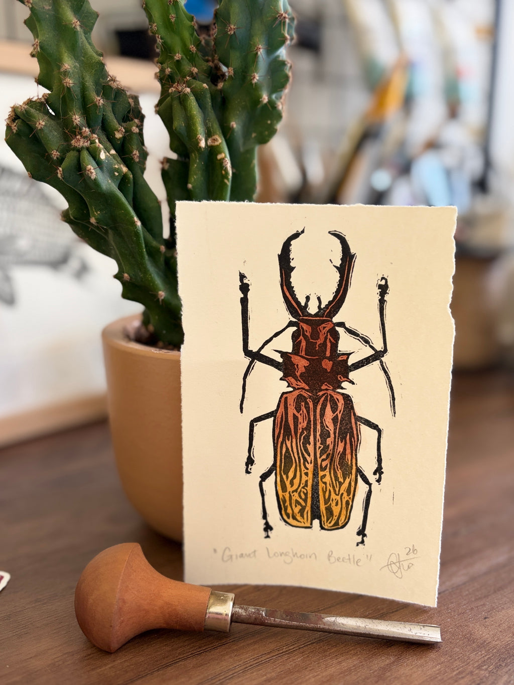 Giant Longhorn Beetle Original Watercolour & Lino Mini Print