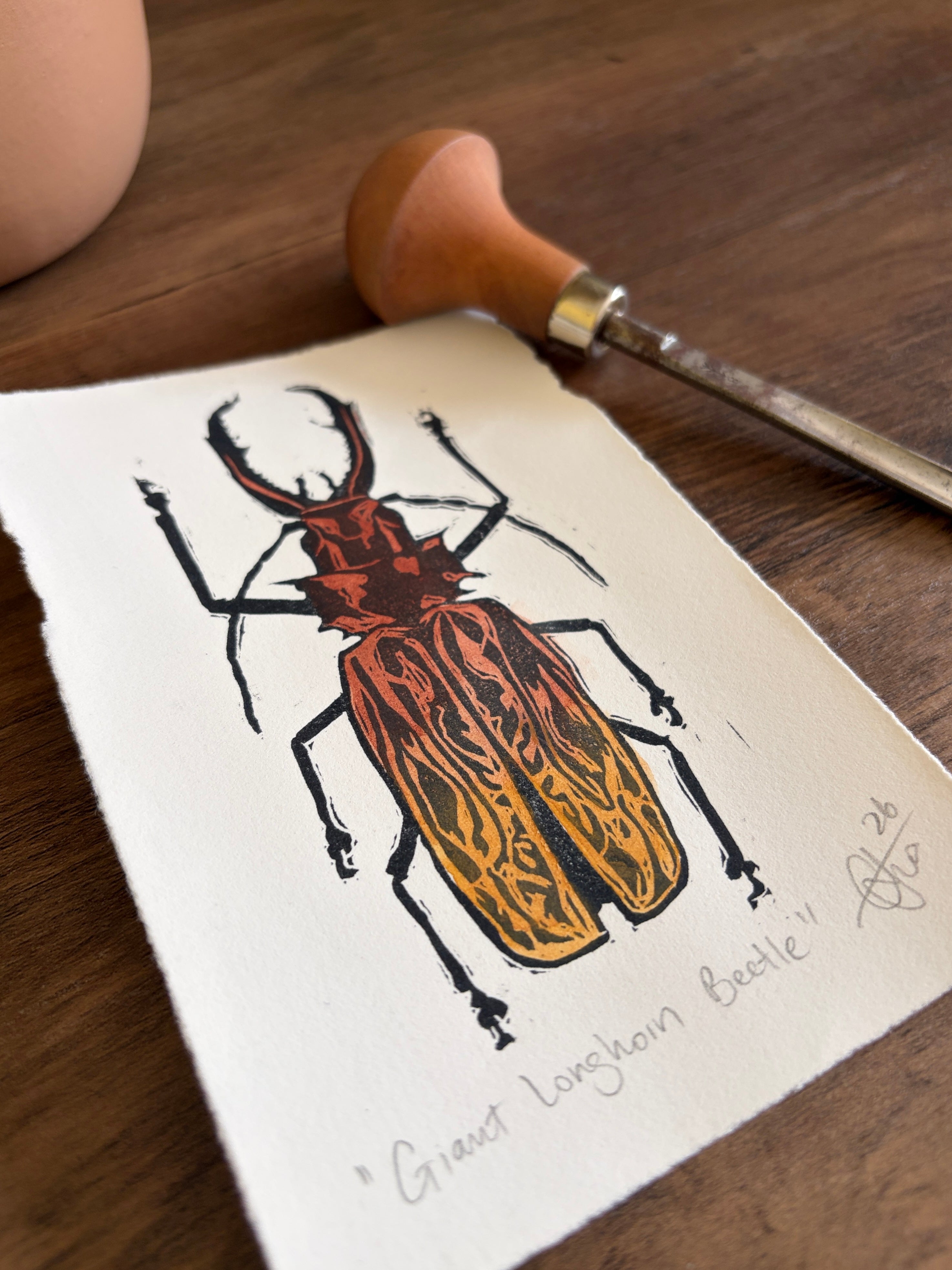 Giant Longhorn Beetle Original Watercolour & Lino Mini Print