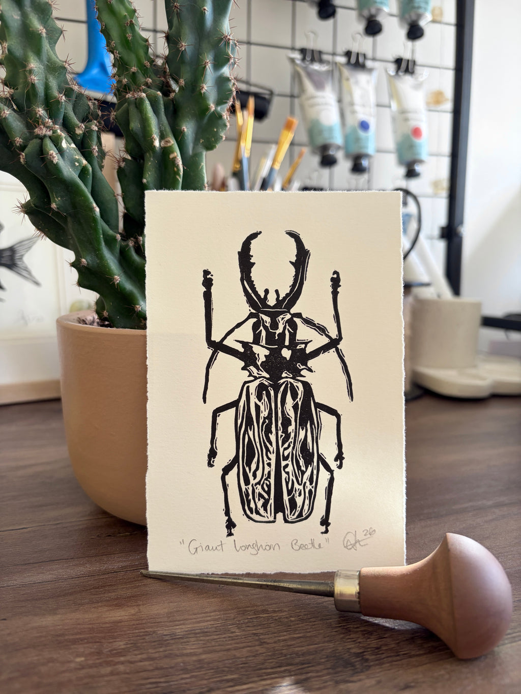 Giant Longhorn Beetle Lino Mini Print