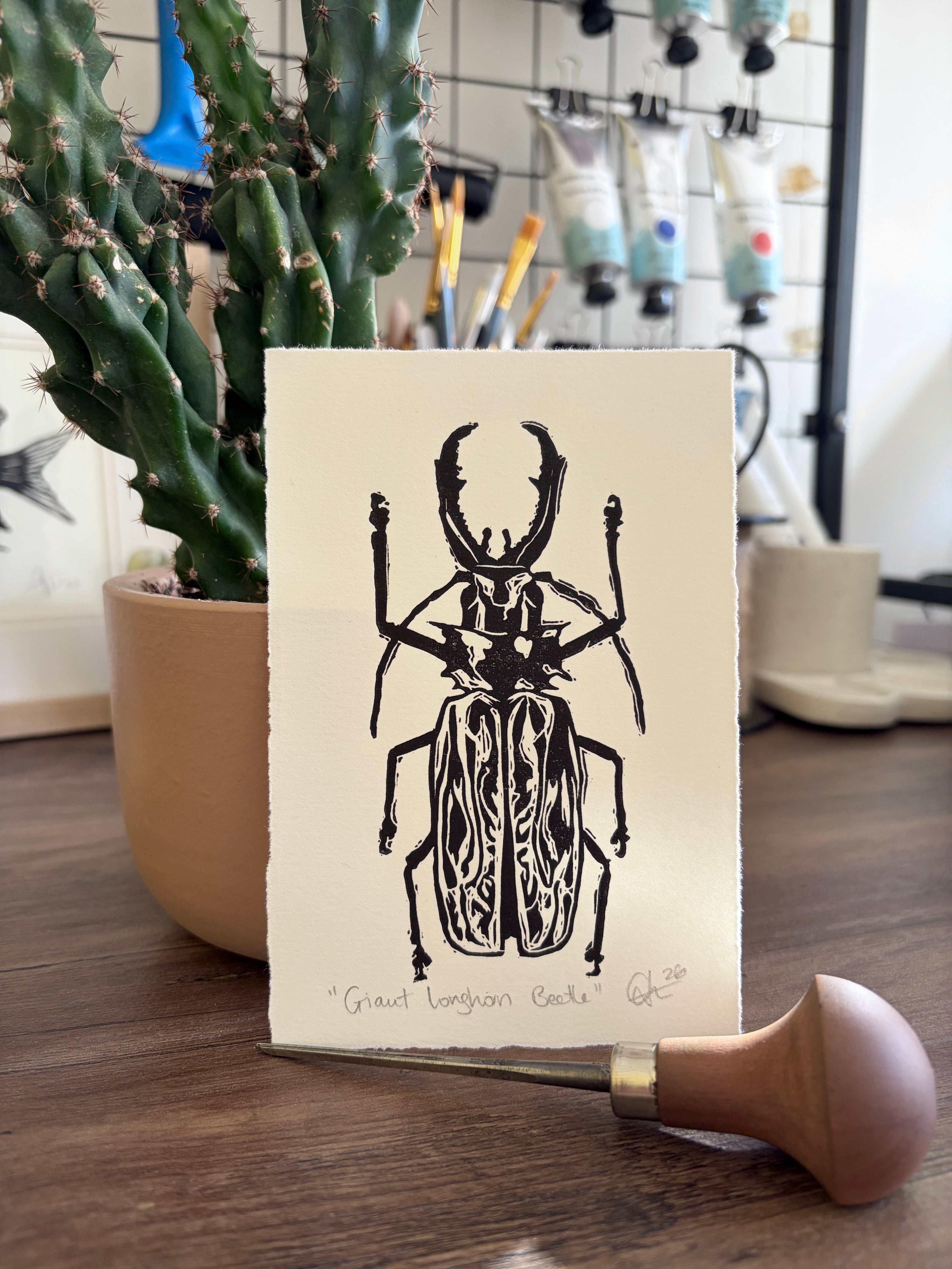 Giant Longhorn Beetle Lino Mini Print