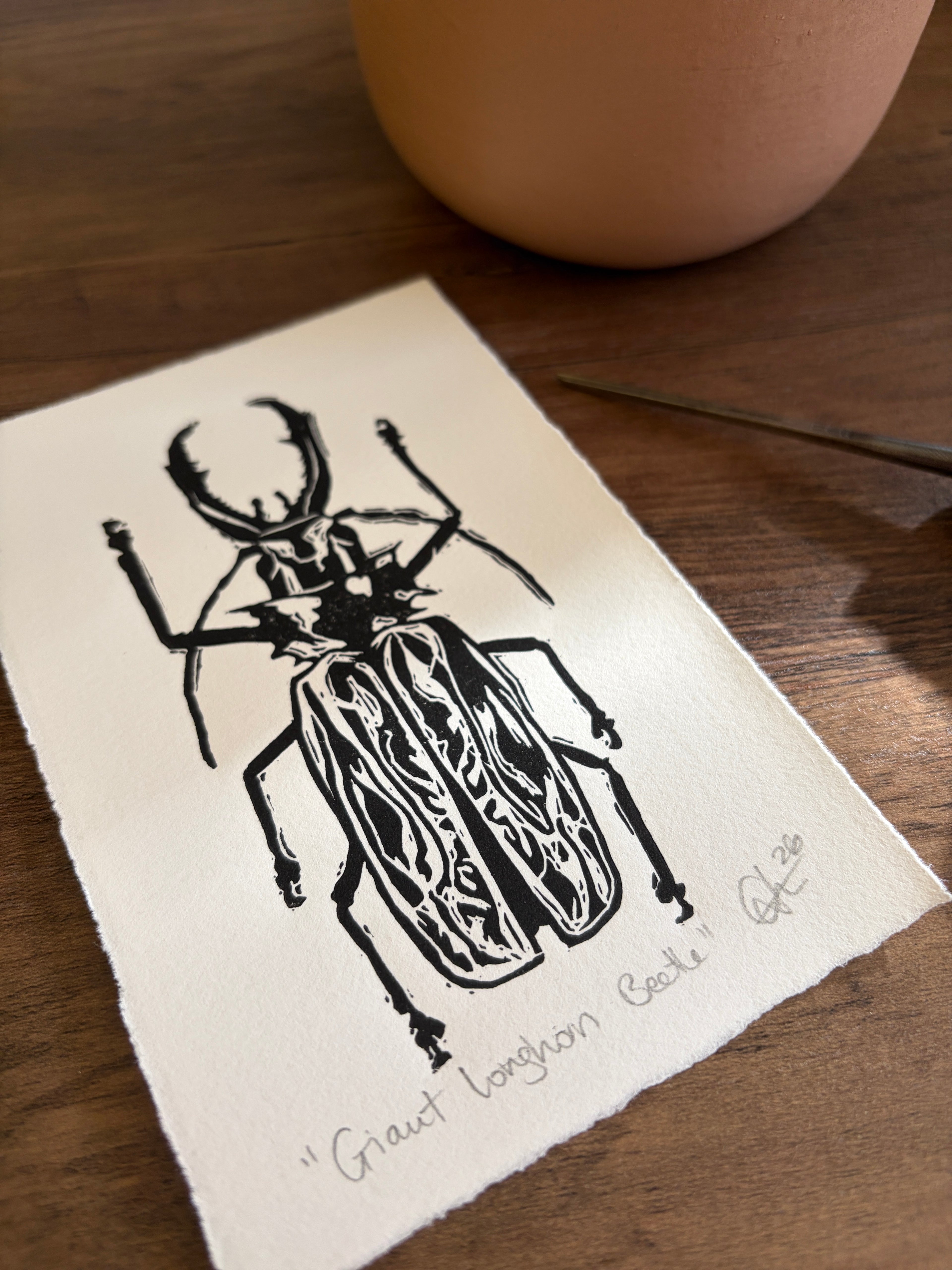 Giant Longhorn Beetle Lino Mini Print