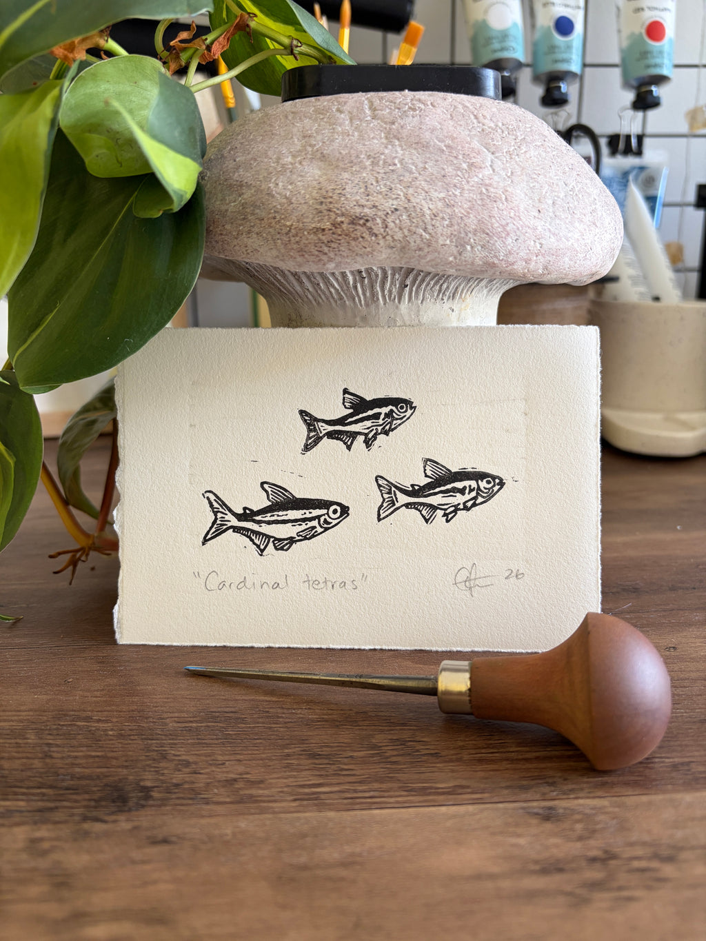 Cardinal Tetras Original Lino Mini Print