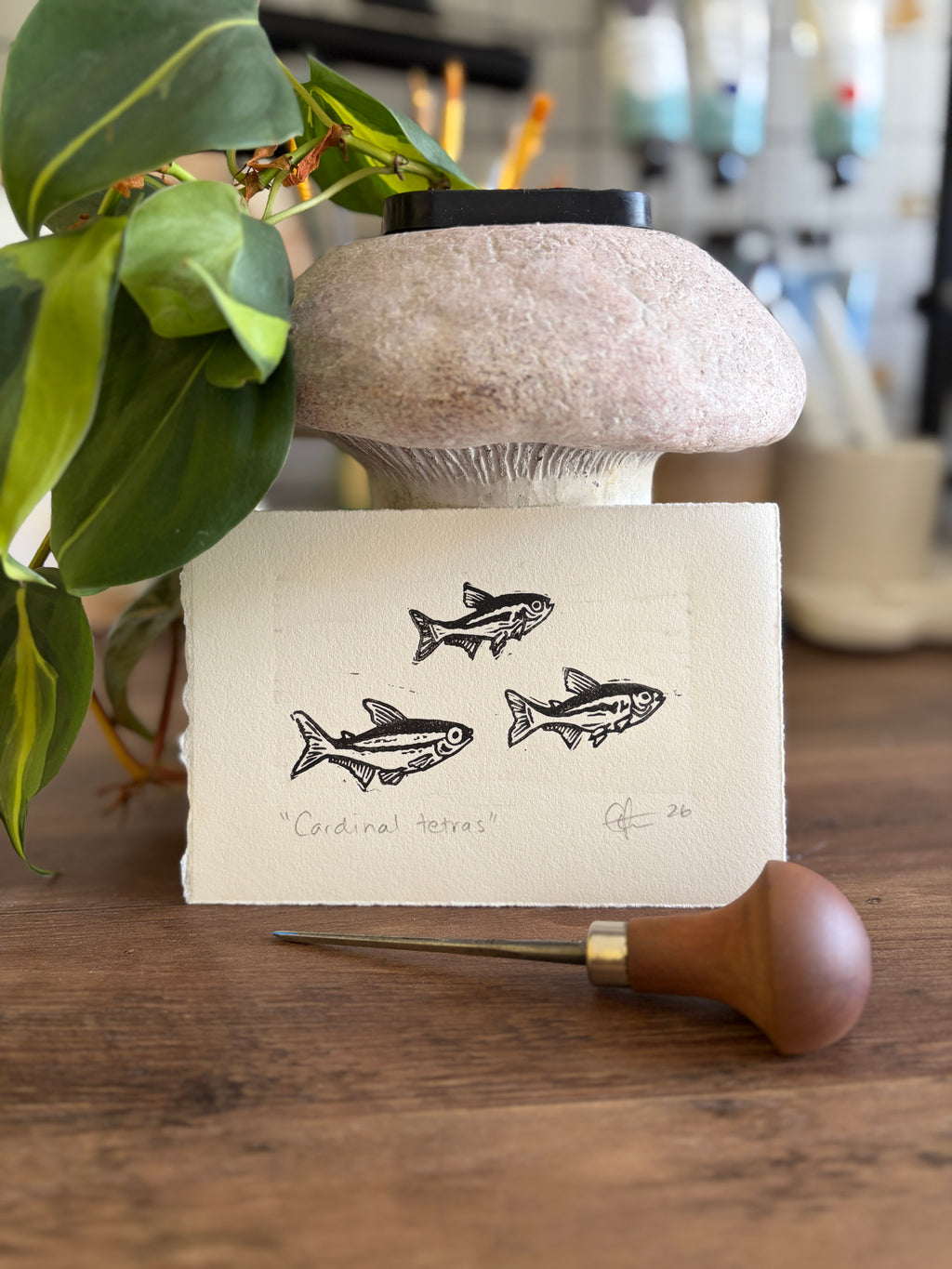 Cardinal Tetras Original Lino Mini Print