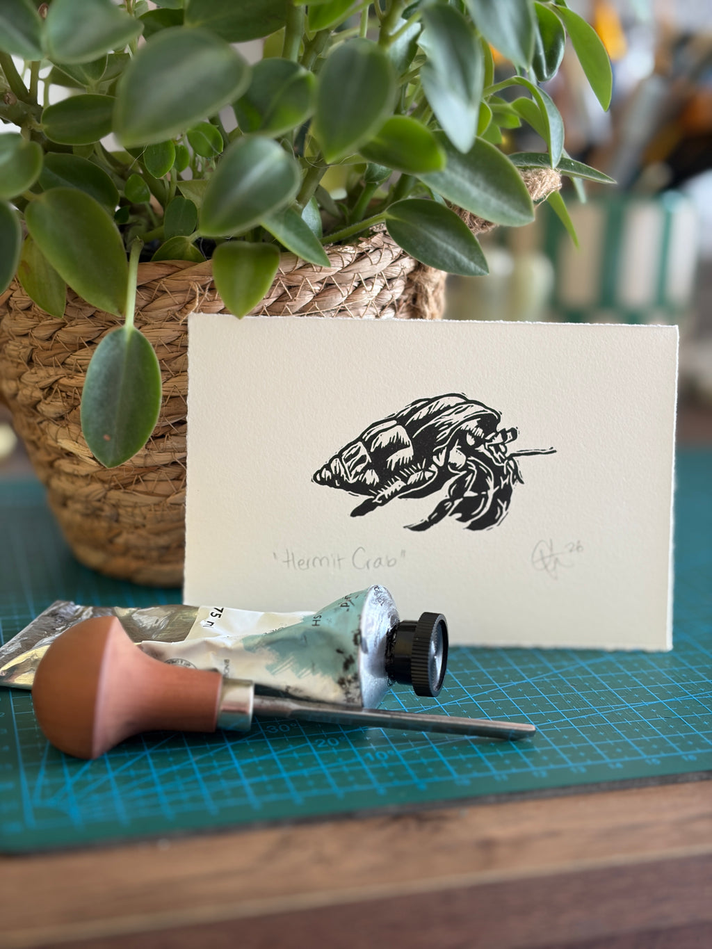 Hermit Crab Original Mini Lino Print