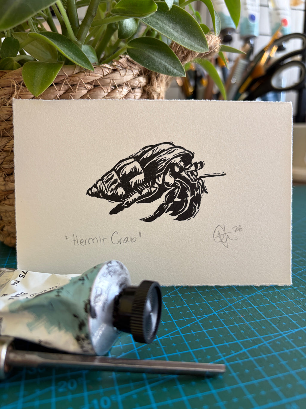 Hermit Crab Original Mini Lino Print